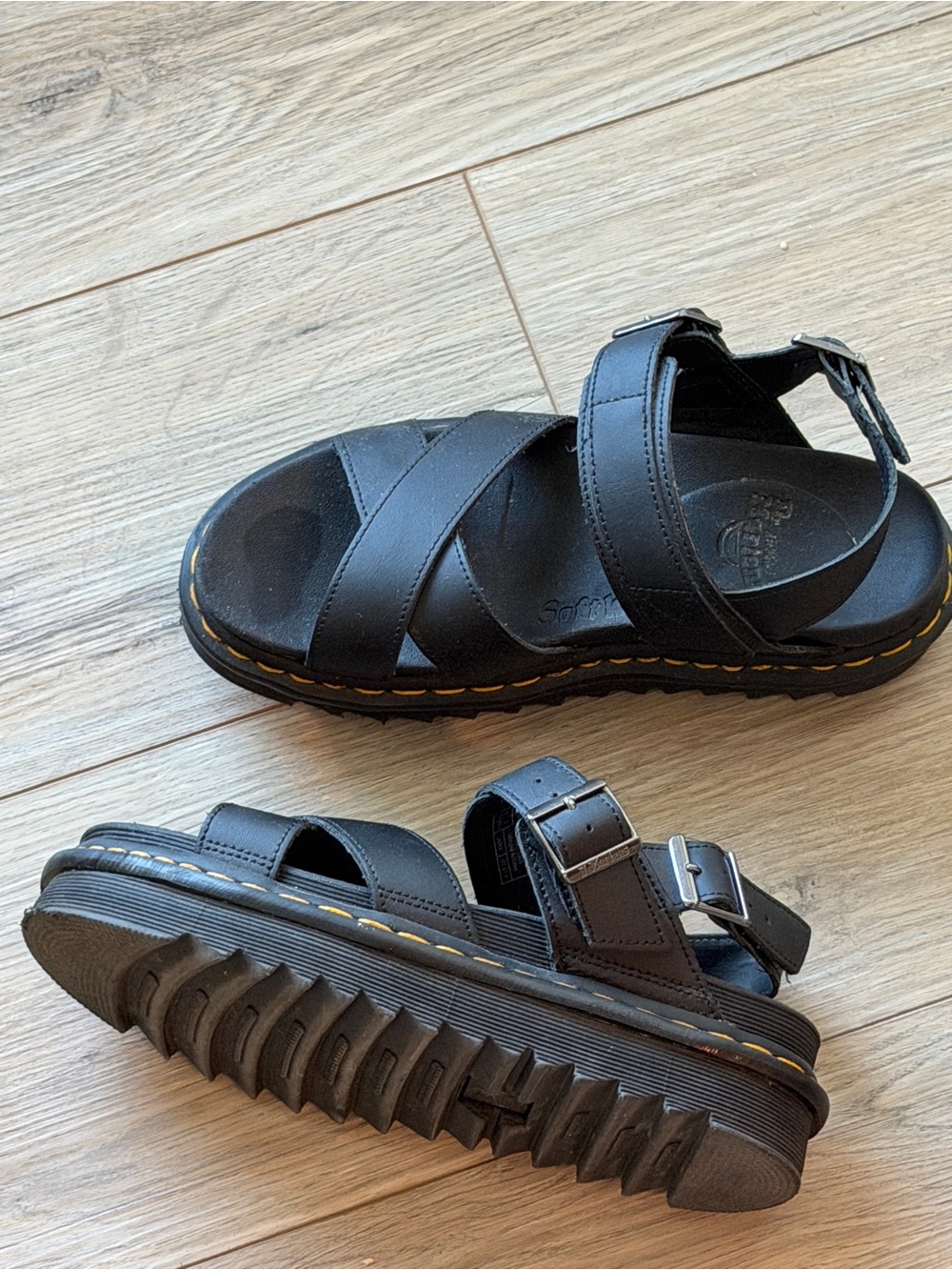 Dr. Martens Black Leather Platform Sandals with Yellow Stitching